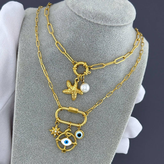 Evil Eyes Necklace, 18K Gold Plated Steel