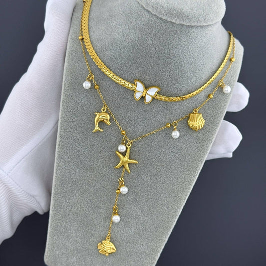 Starfish and Seashell Necklace, 18K Gold Plated Steel