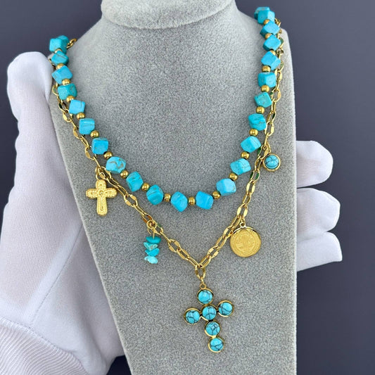 Crosses Necklace, 18K Gold Plated Steel