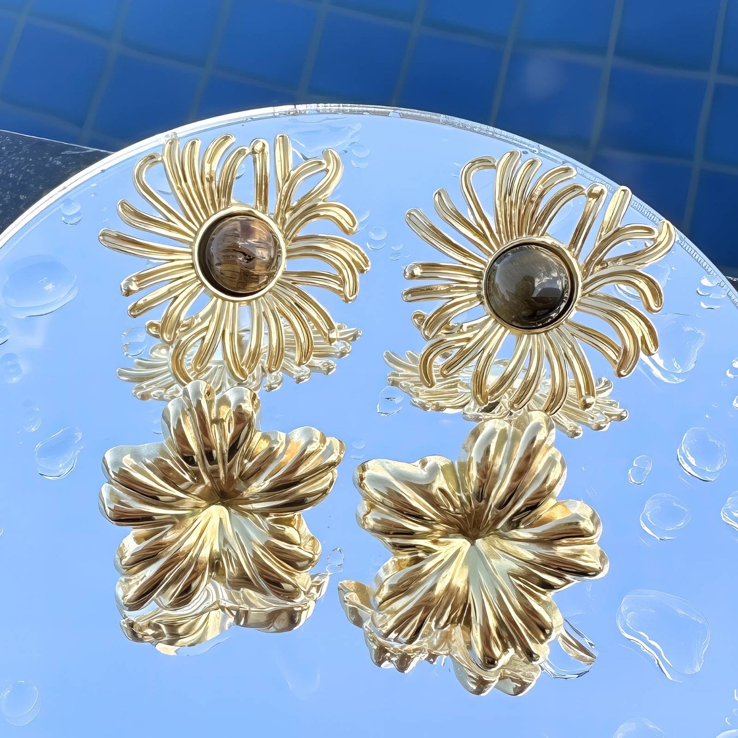 Flowers Earrings, 18K Gold Plated Steel