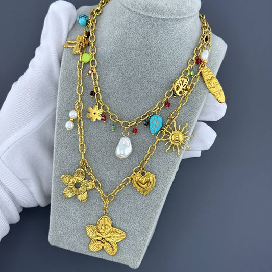 Flowers Necklace, 18K Gold Plated Steel