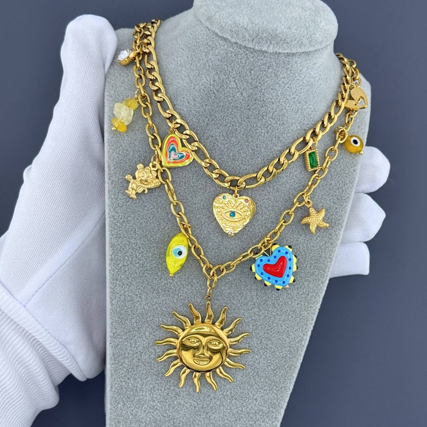 Evil Eyes Necklace, 18K Gold Plated Steel