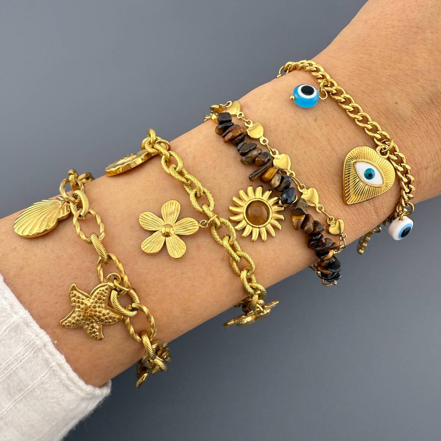 Starfish and Seashell Bracelet, 18K Gold Plated Steel