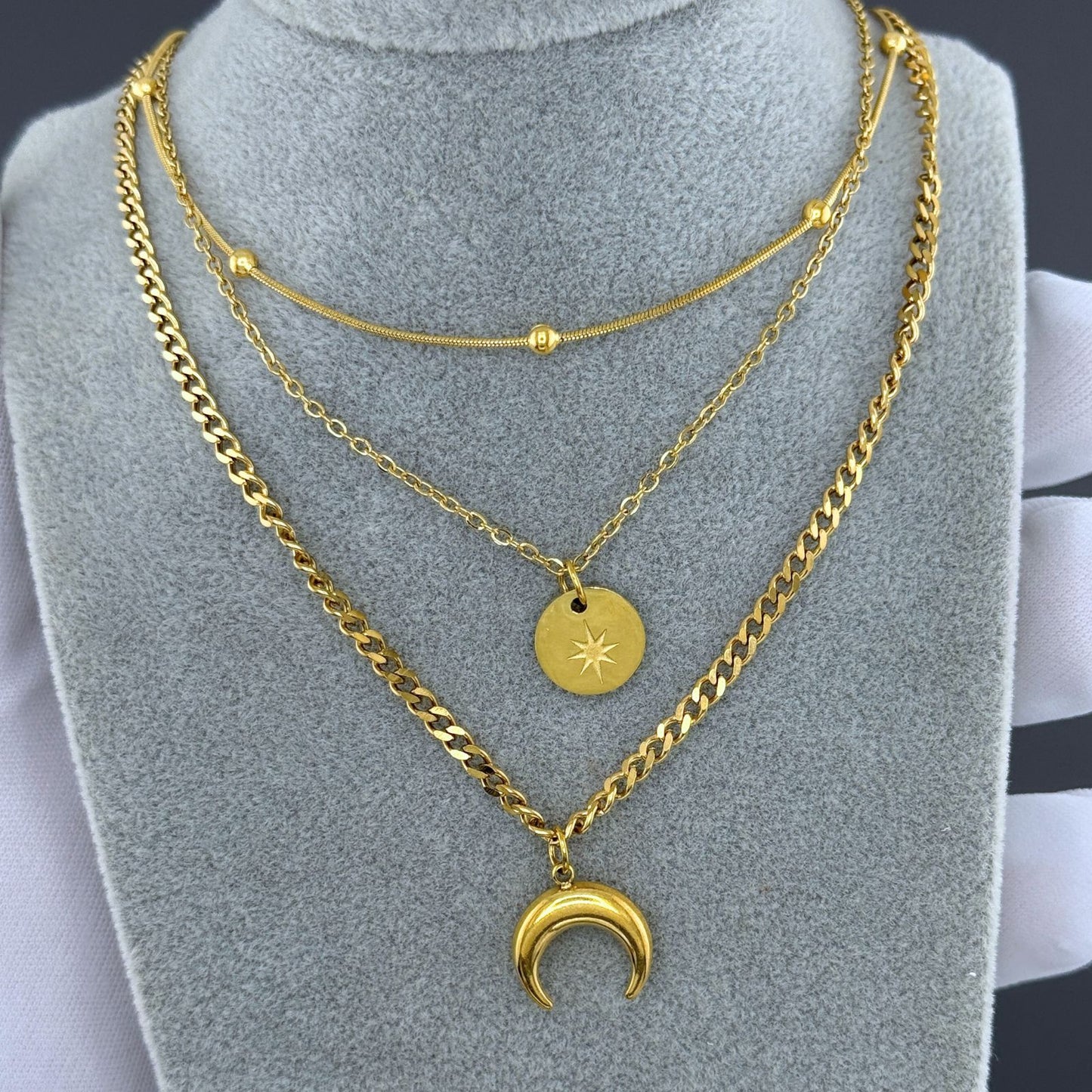 Crescent And Star Necklace, 18K Gold Plated Steel