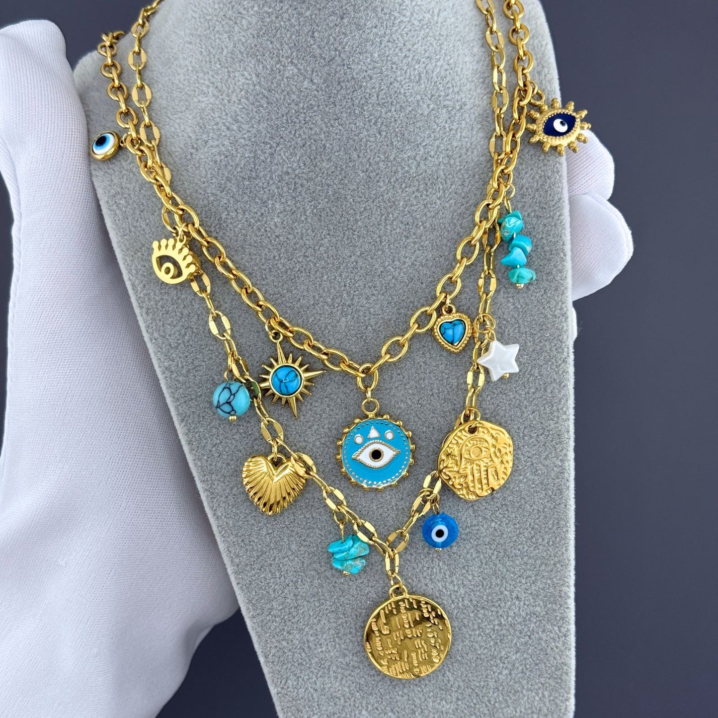 Evil Eyes Necklace, 18K Gold Plated Steel