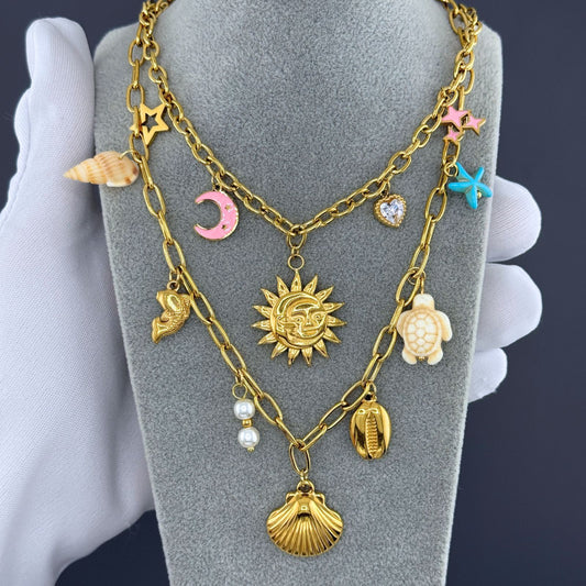 Crescent And Sun Necklace, 18K Gold Plated Steel