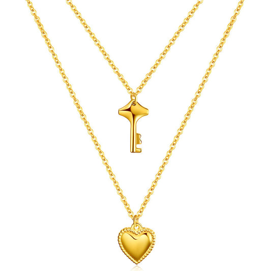 Heart and Key Necklace, 18K Gold Plated Steel