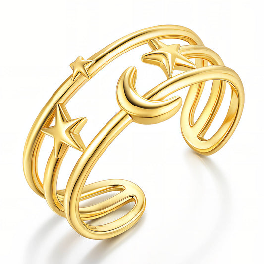 Crescent and Star Ring, 18K Gold Plated Steel
