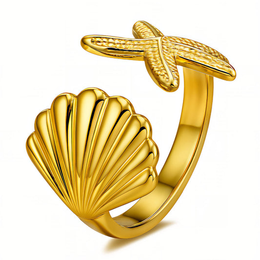 Starfish And Seashell Ring, 18K Gold Plated Steel