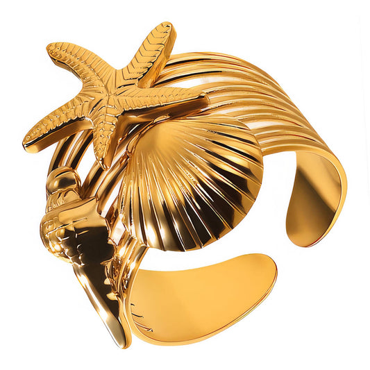 Starfish and Seashell Ring, 18K Gold Plated Steel