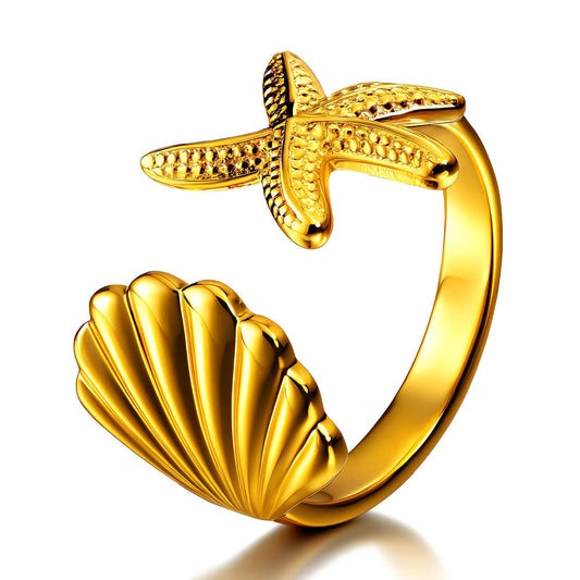 Starfish and Seashell Ring, 18K Gold Plated Steel