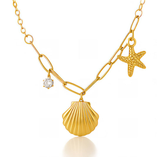 Starfish and Seashell Necklace, 18K Gold Plated Steel