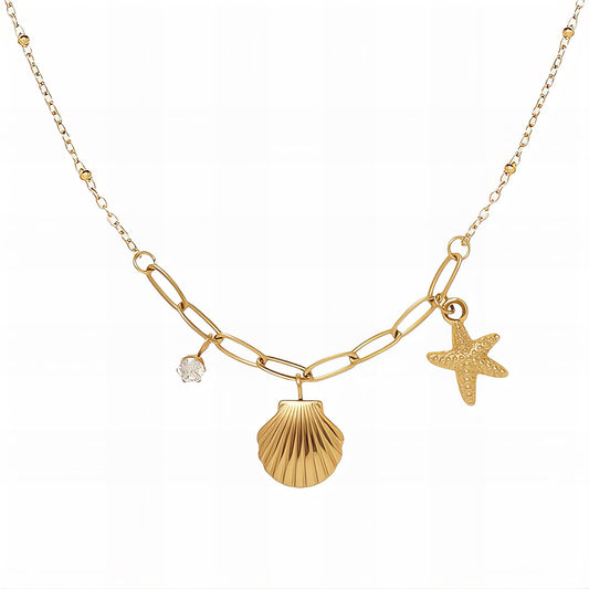 Starfish and Seashell Necklace, 18K Gold Plated Steel