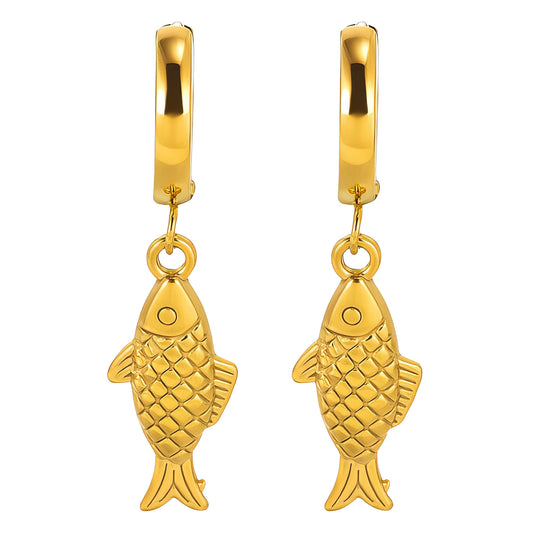 Fish Earrings, 18K Gold Plated Steel