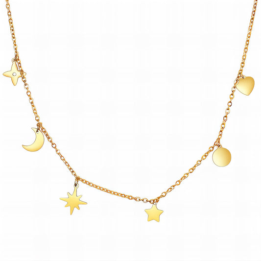 Crescent And Star Necklace, 18K Gold Plated Steel
