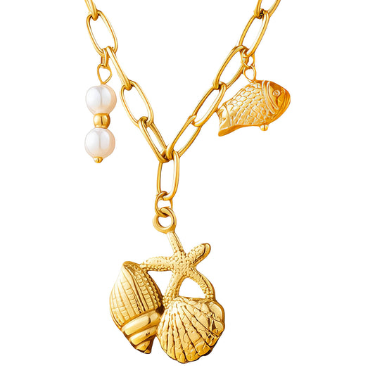 Starfish And Seashell Necklace, 18K Gold Plated Steel
