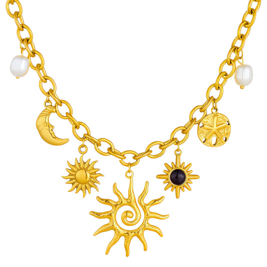 Crescent And Sun Necklace, 18K Gold Plated Steel