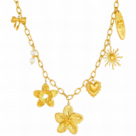 Flowers Necklace, 18K Gold Plated Steel