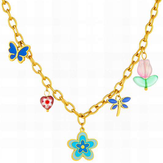 Flowers Necklace, 18K Gold Plated Steel
