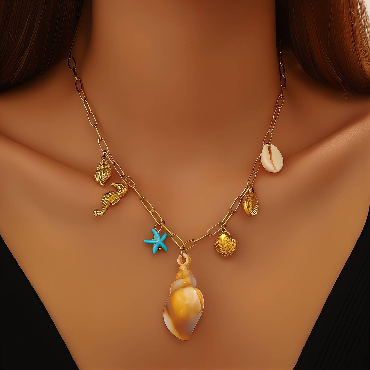 Seashells Necklace, 18K Gold Plated Steel