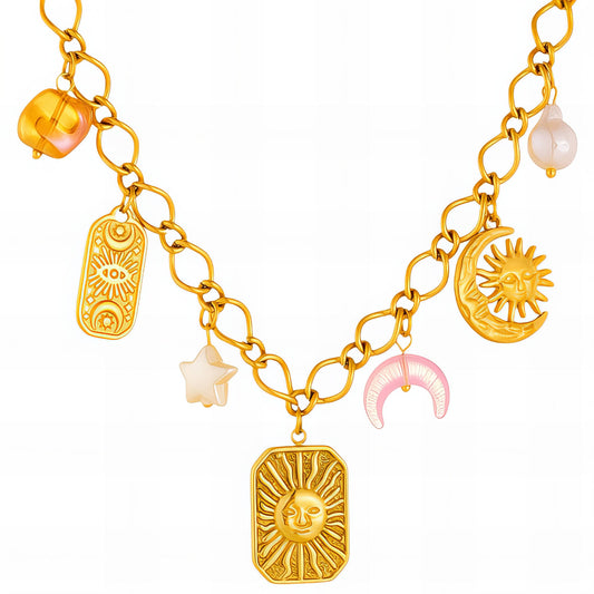 Crescent And Sun Necklace, 18K Gold Plated Steel