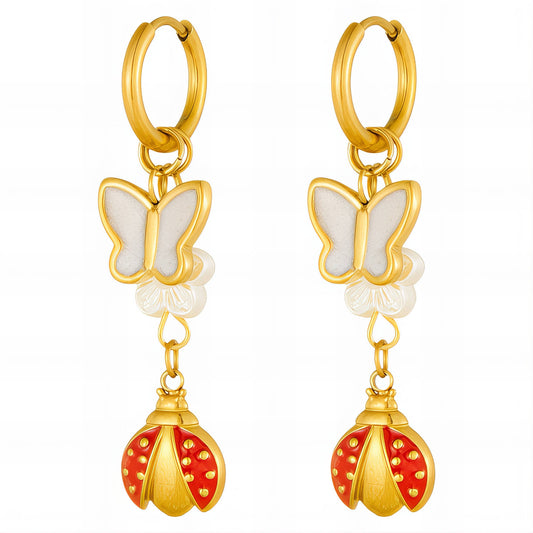 Ladybugs Earrings, 18K Gold Plated Steel