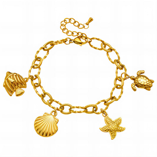 Starfish and Seashell Bracelet, 18K Gold Plated Steel