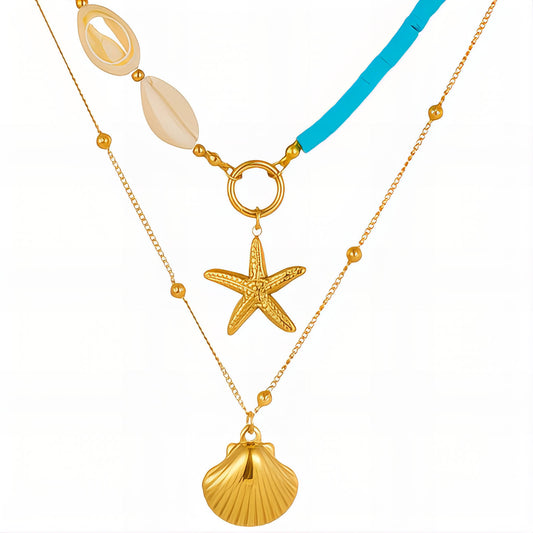 Starfish And Seashell Necklace, 18K Gold Plated Steel
