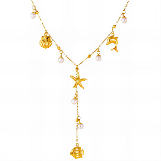 Starfish and Seashell Necklace, 18K Gold Plated Steel