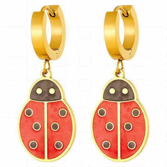 Ladybugs Earrings, 18K Gold Plated Steel