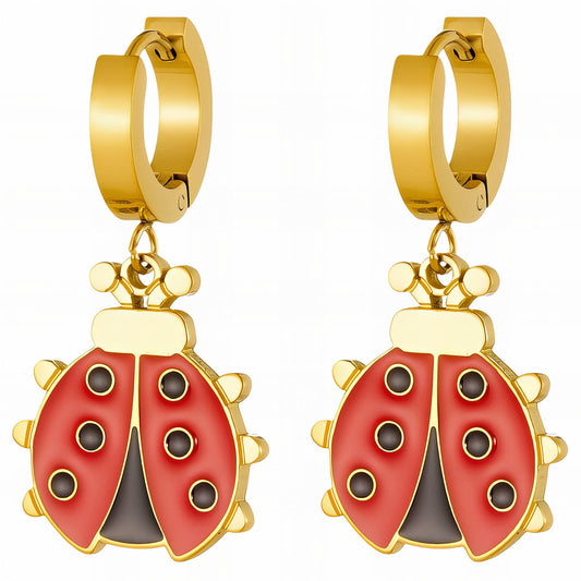 Ladybugs Earrings, 18K Gold Plated Steel
