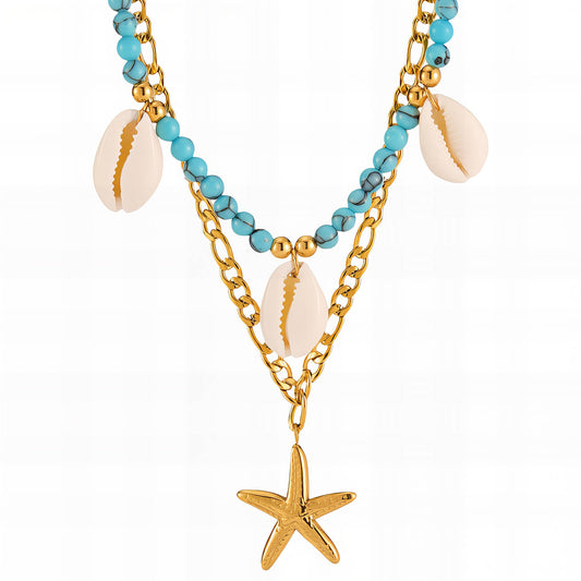 Starfish And Seashell Necklace, 18K Gold Plated Steel