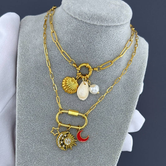 Crescent And Sun Necklace, 18K Gold Plated Steel