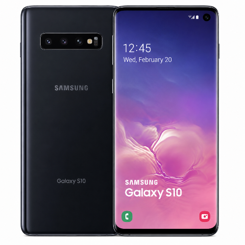 Samsung Galaxy S10 smartphone showing front and back on a white background