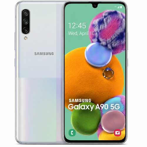 Samsung Galaxy A90 5G smartphone showing front and back on a white background