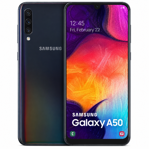 Samsung Galaxy A50 smartphone showing front and back on a white background