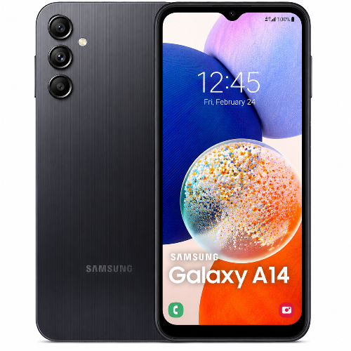 Samsung Galaxy A14 smartphone showing front and back on a white background