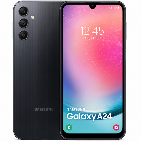 Samsung Galaxy A24 smartphone showing front and back on a white background