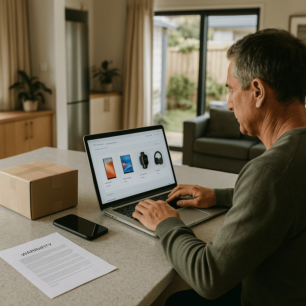 A person in a modern New Zealand kitchen using a laptop to shop for electronics online, with a delivered parcel and