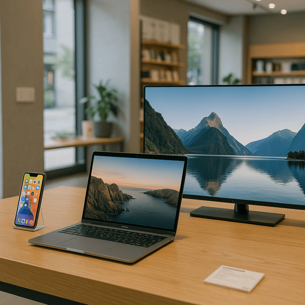 Photorealistic scene of smartphone, laptop, and television on wooden table in a New Zealand electronics store under natural