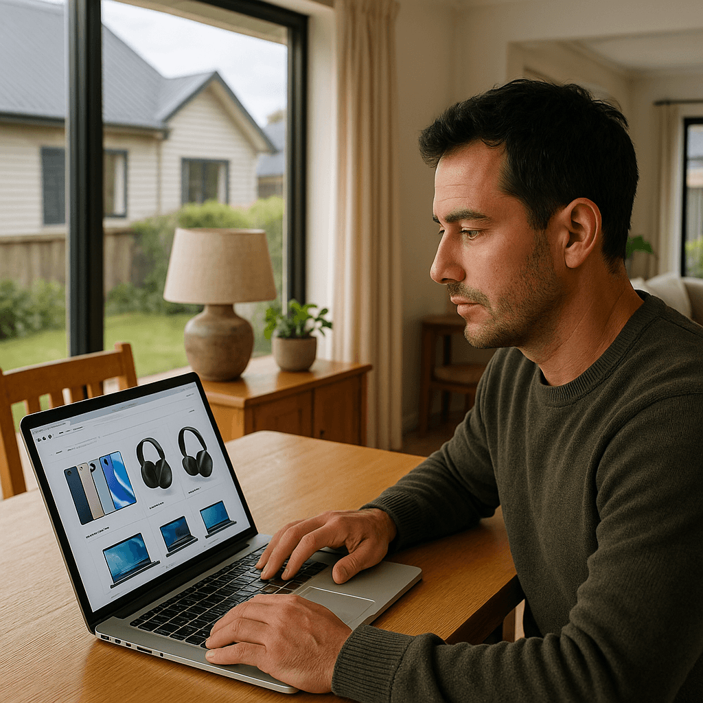 Kiwi shopper at a dining table browsing consumer electronics online, with natural daylight in a New Zealand home