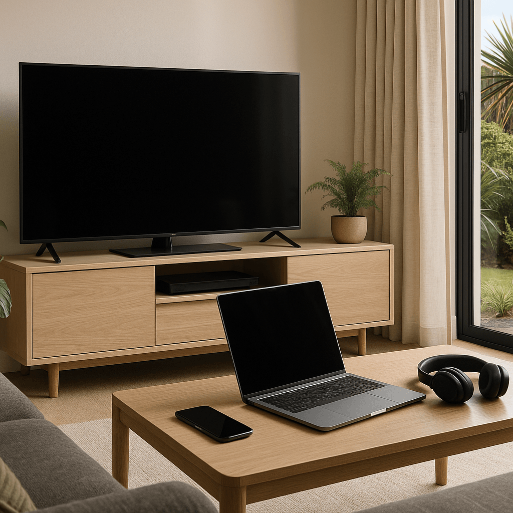 Modern New Zealand living room with flatscreen TV, laptop, smartphone, and headphones in natural daylight
