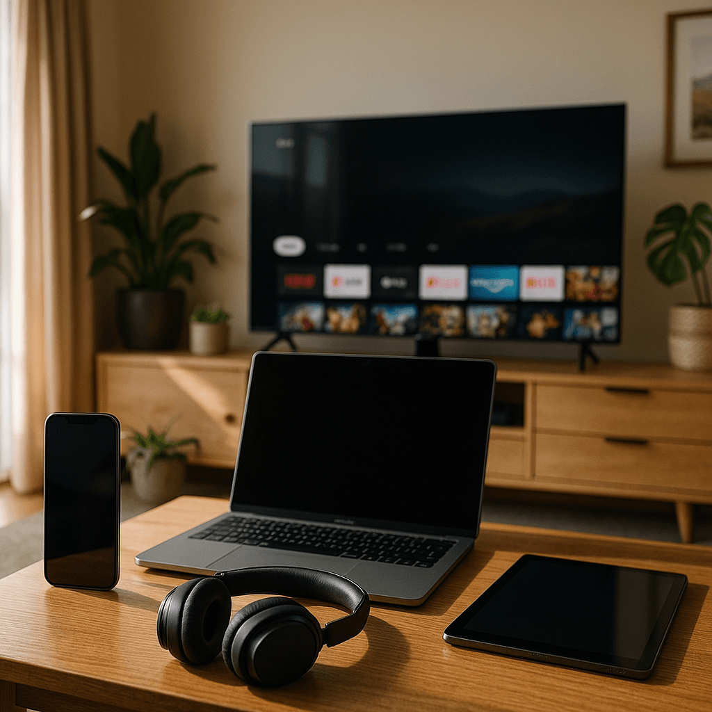 Modern New Zealand lounge with smartphone, laptop, headphones, tablet, and smart TV in a natural home setting