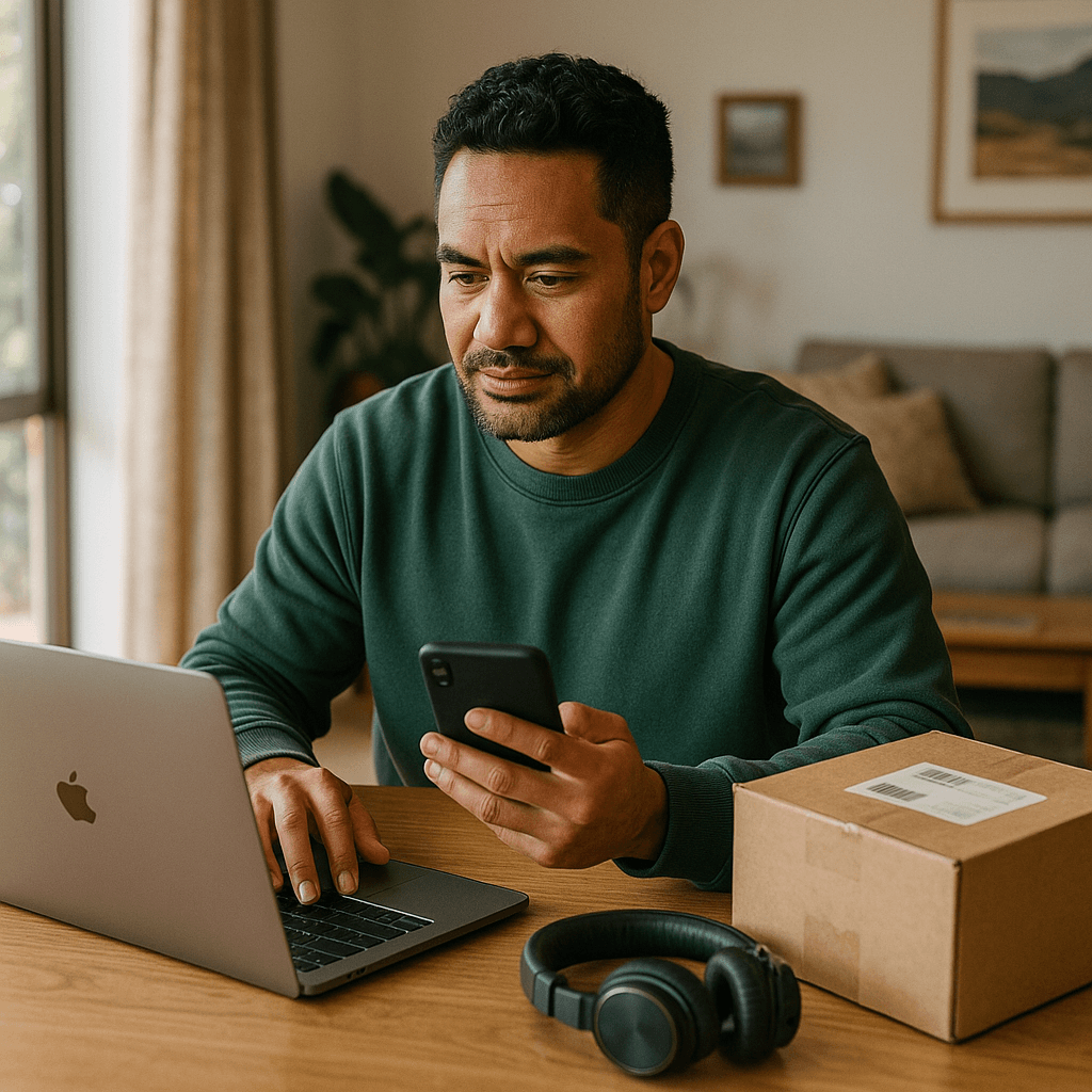 Kiwi shopper at home using laptop and smartphone with parcel and headphones on a wooden table, showing online electronics