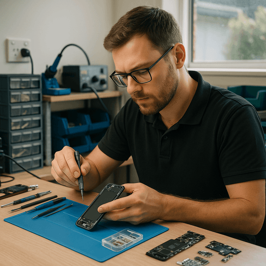 Technician repairing a smartphone at a tidy workstation with realistic tools in a New Zealand repair shop