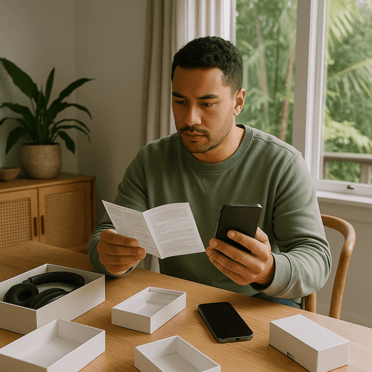 Young New Zealand shopper comparing consumer electronics and packaging at home in natural daylight with NZ scenery visible