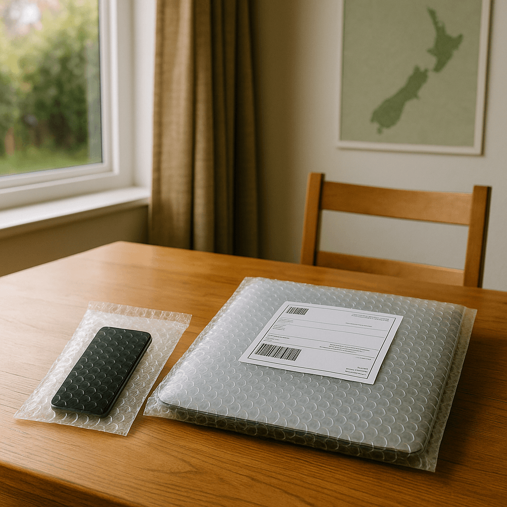 Packaged smartphone and laptop with protective packaging and NZ courier label in a real home, representing electronics