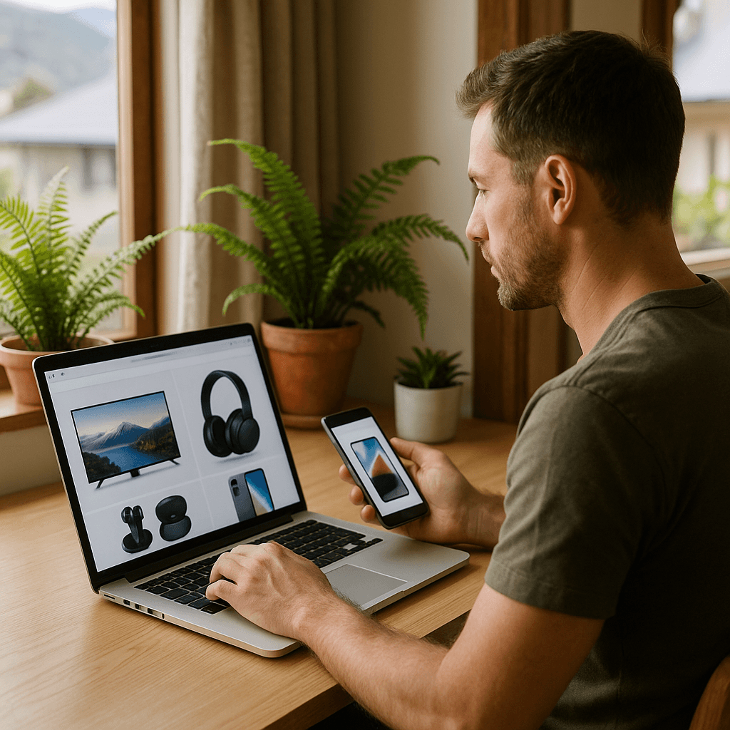 New Zealand shopper comparing consumer electronics on laptop and smartphone at a modern home desk with natural daylight
