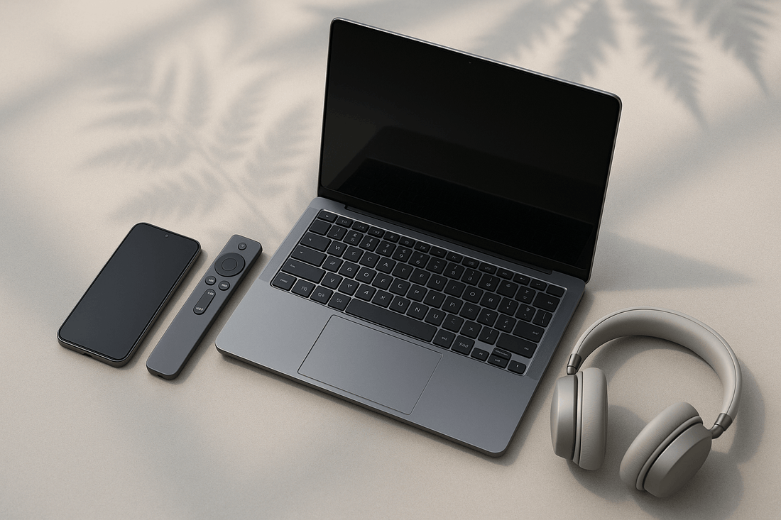 Flat lay of 2026 consumer electronics—smartphone, laptop, TV remote, headphones—with New Zealand fern motif