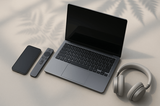 Flat lay of 2026 consumer electronics—smartphone, laptop, TV remote, headphones—with New Zealand fern motif